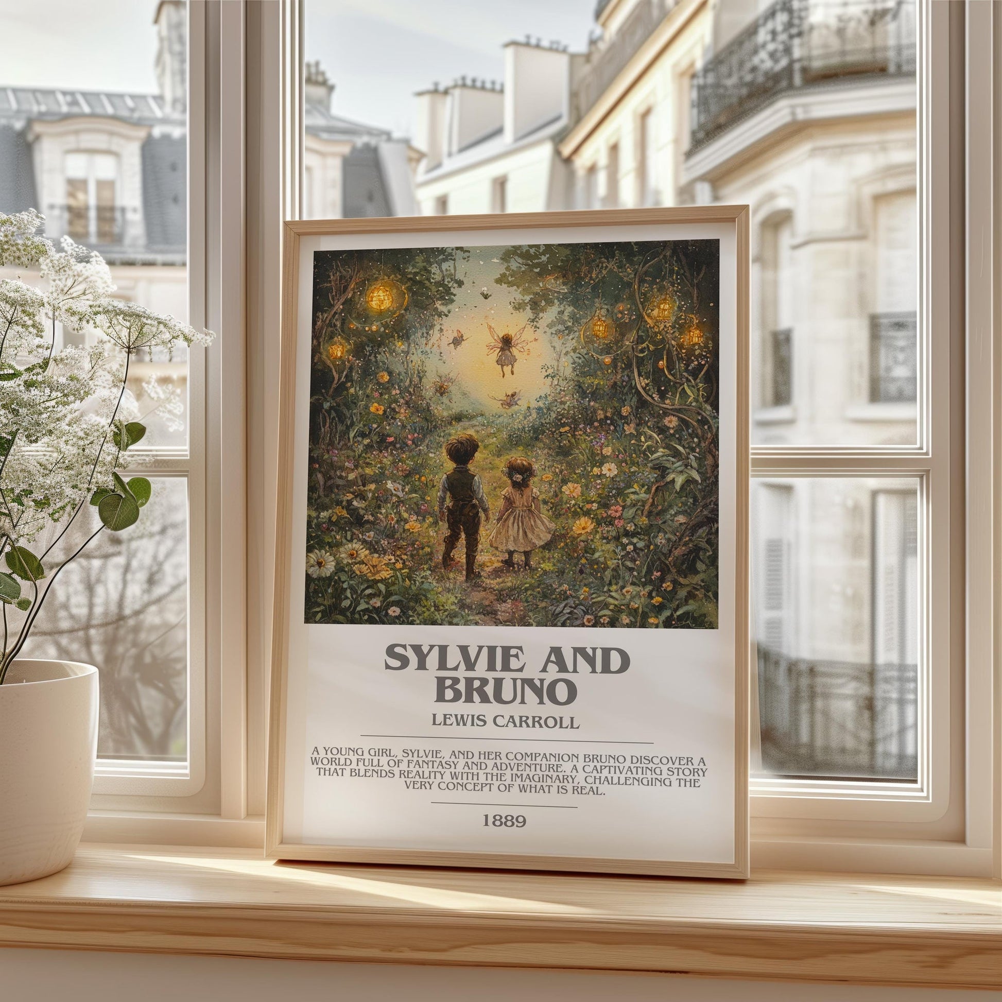 Sylvie and Bruno bookish print framed by window – literary home decor