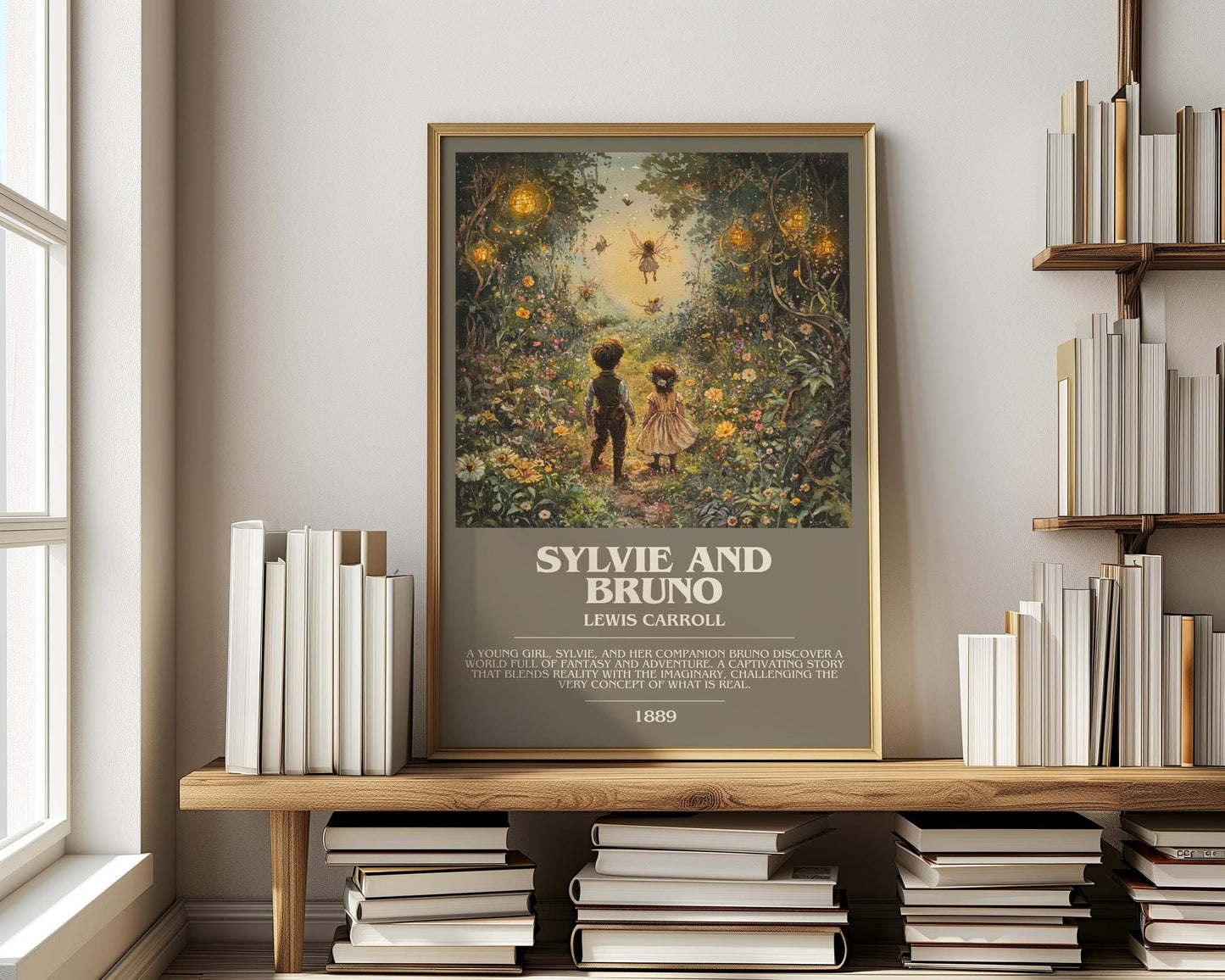 Sylvie and Bruno bookish print on bookshelf – Lewis Carroll fan gift