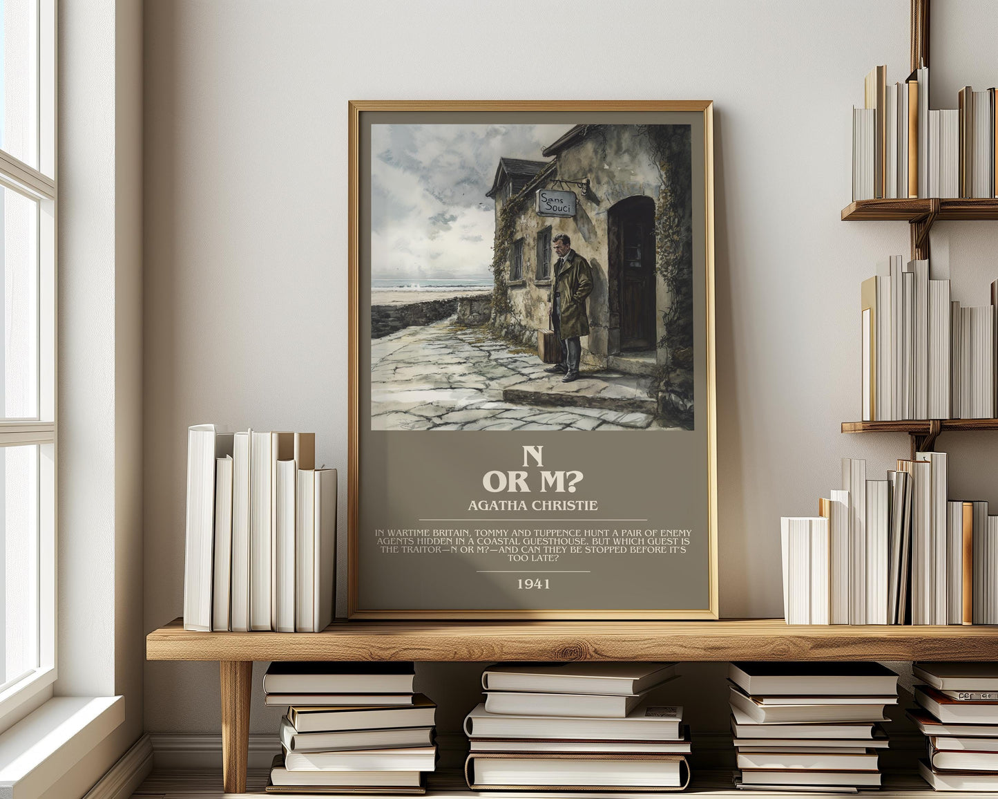 N Or M? bookish print on bookshelf – Agatha Christie fan gift