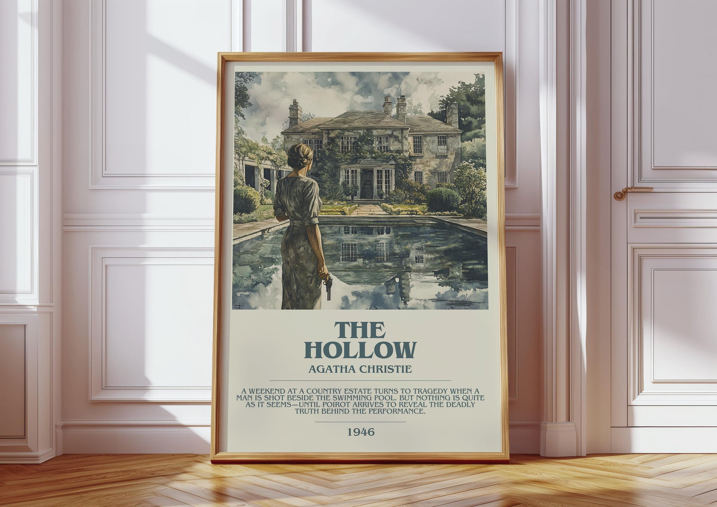 The Hollow bookish print in frame leaning in hallway – mystery wall art