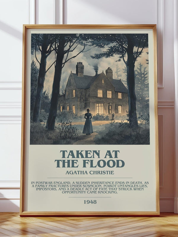 Taken at the Flood bookish print in frame leaning in hallway – mystery wall art