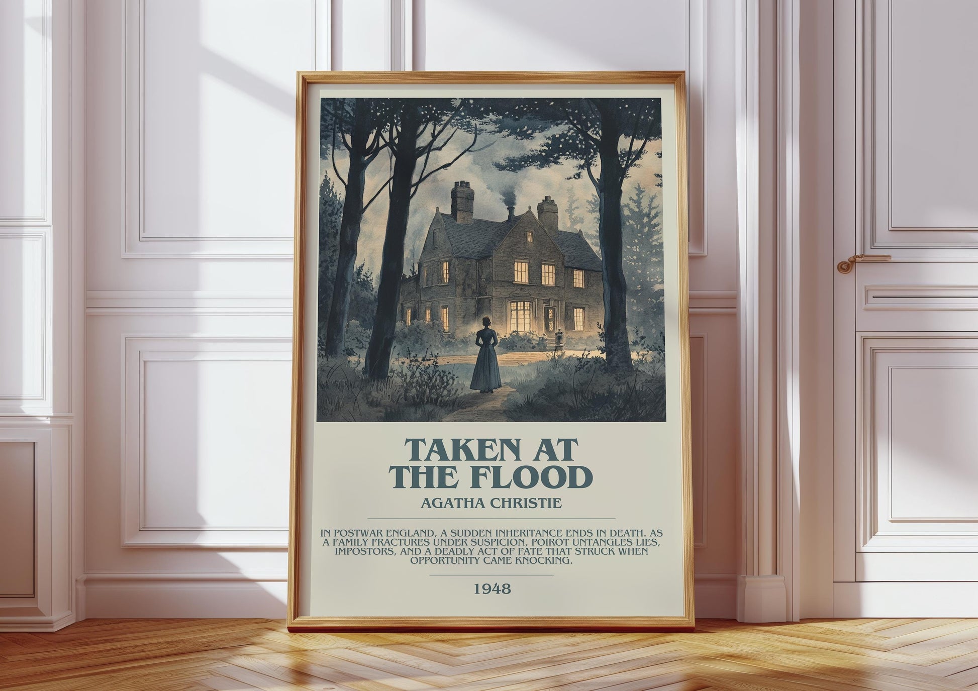 Taken at the Flood bookish print in frame leaning in hallway – mystery wall art