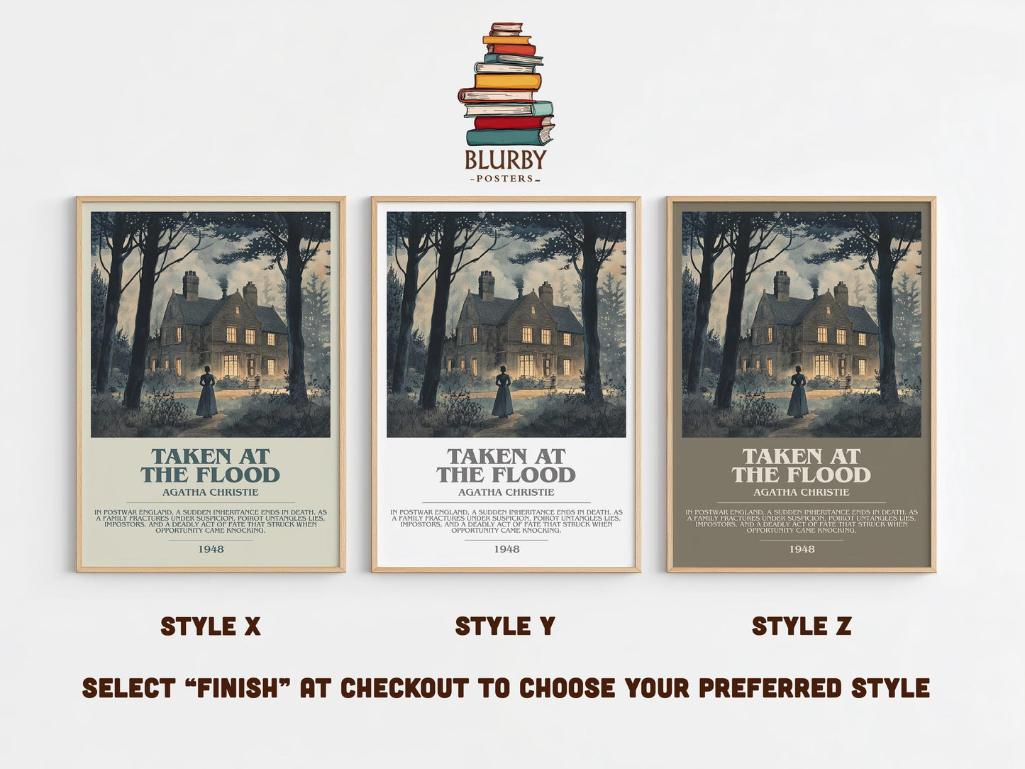 Taken at the Flood bookish poster colour and style options – Agatha Christie book art