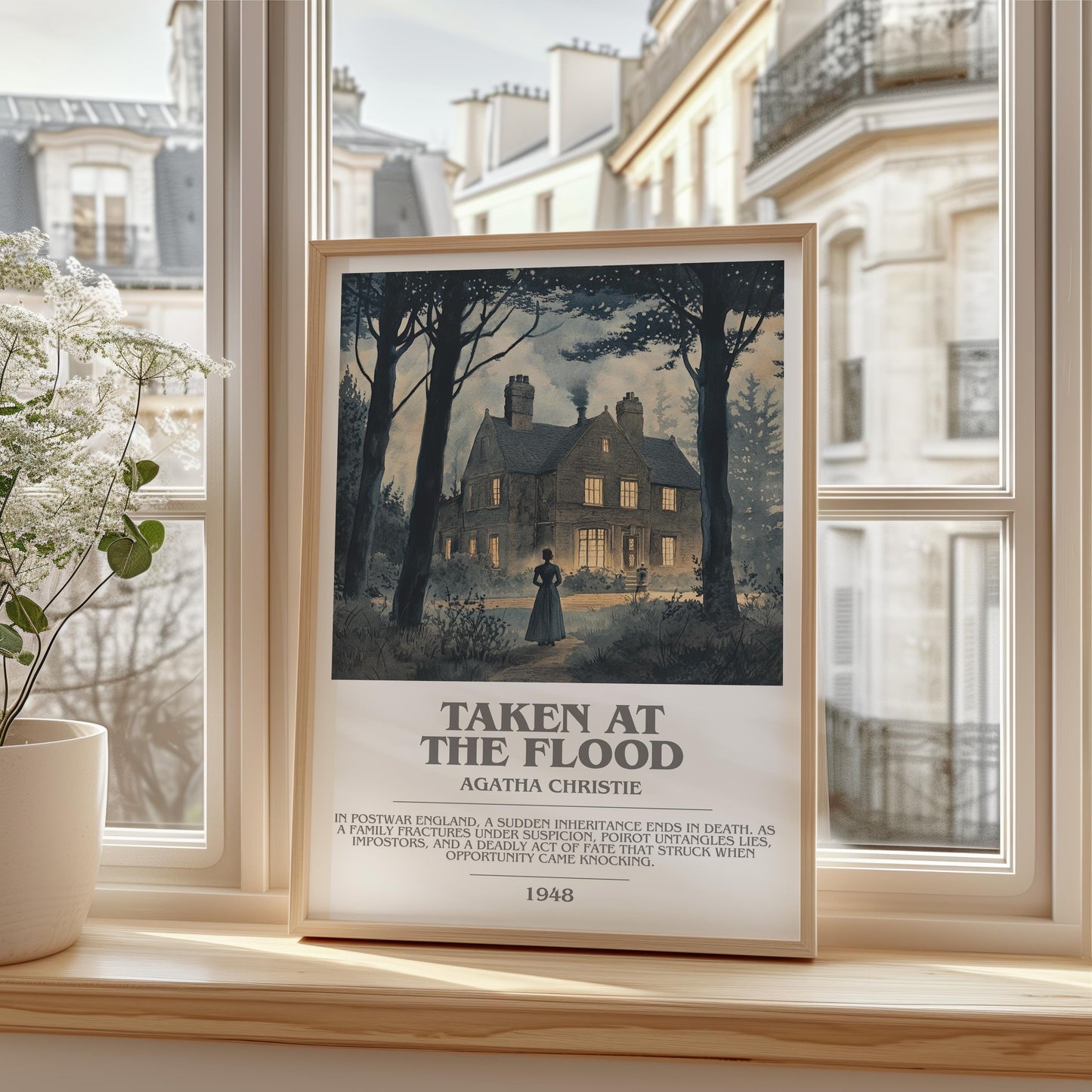 Taken at the Flood bookish print framed by window – literary home decor