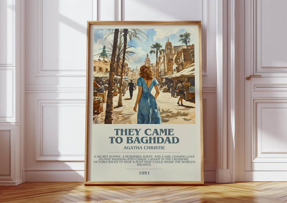 They Came to Baghdad bookish print in frame leaning in hallway – thriller wall art (mockup)
