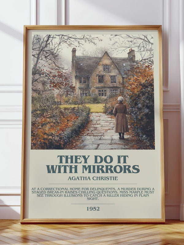 They Do It with Mirrors bookish print in frame leaning in hallway – mystery wall art