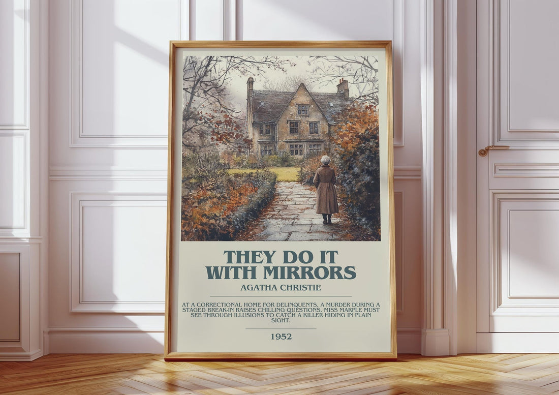 They Do It with Mirrors bookish print in frame leaning in hallway – mystery wall art (mockup)