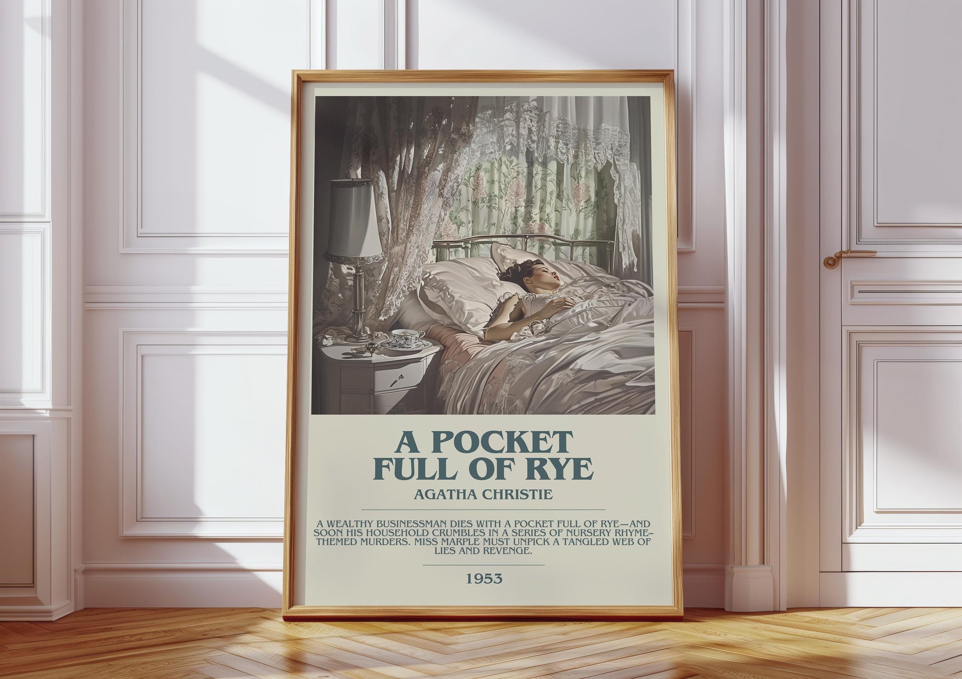 A Pocket Full of Rye bookish print in frame leaning in hallway – mystery wall art
