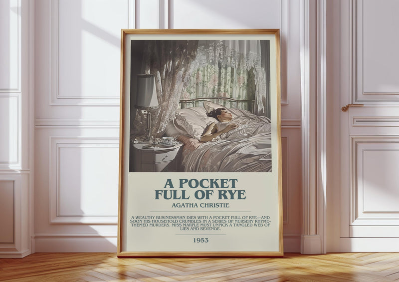A Pocket Full of Rye bookish print in frame leaning in hallway – mystery wall art