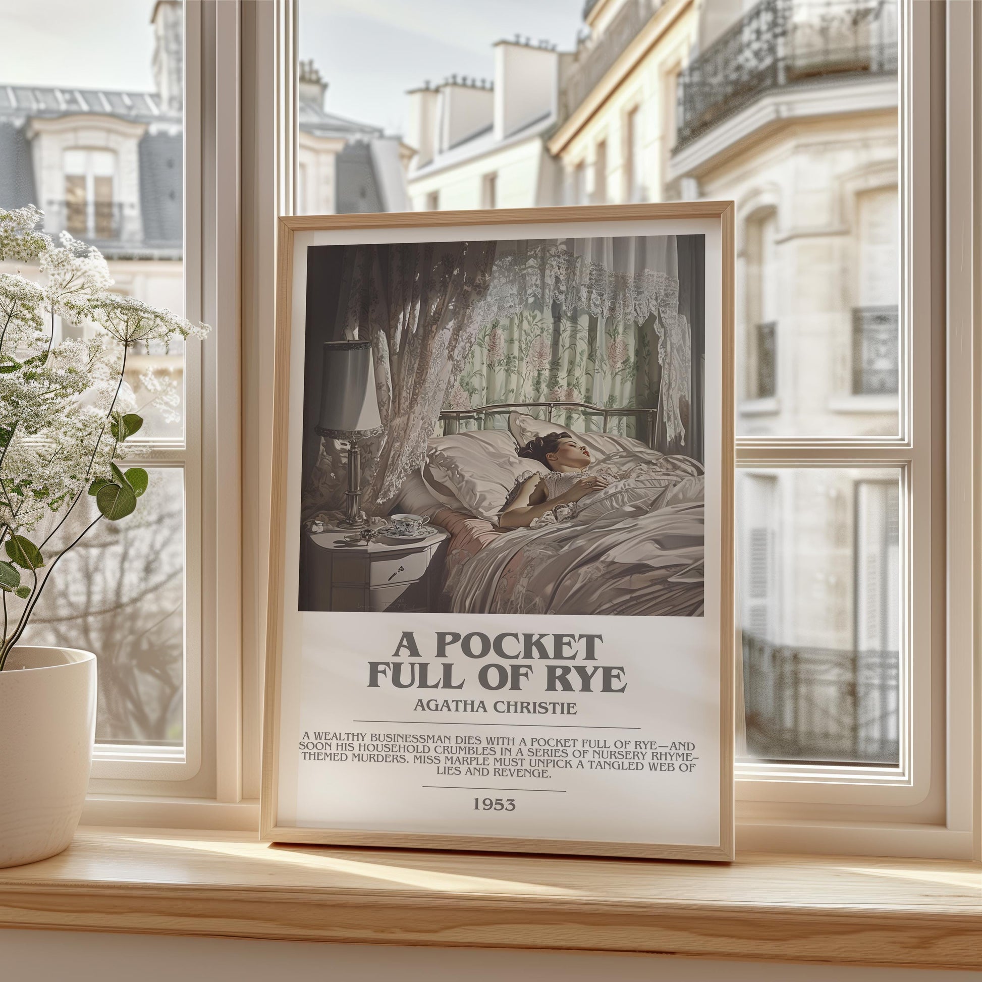 A Pocket Full of Rye bookish print framed by window – literary home decor