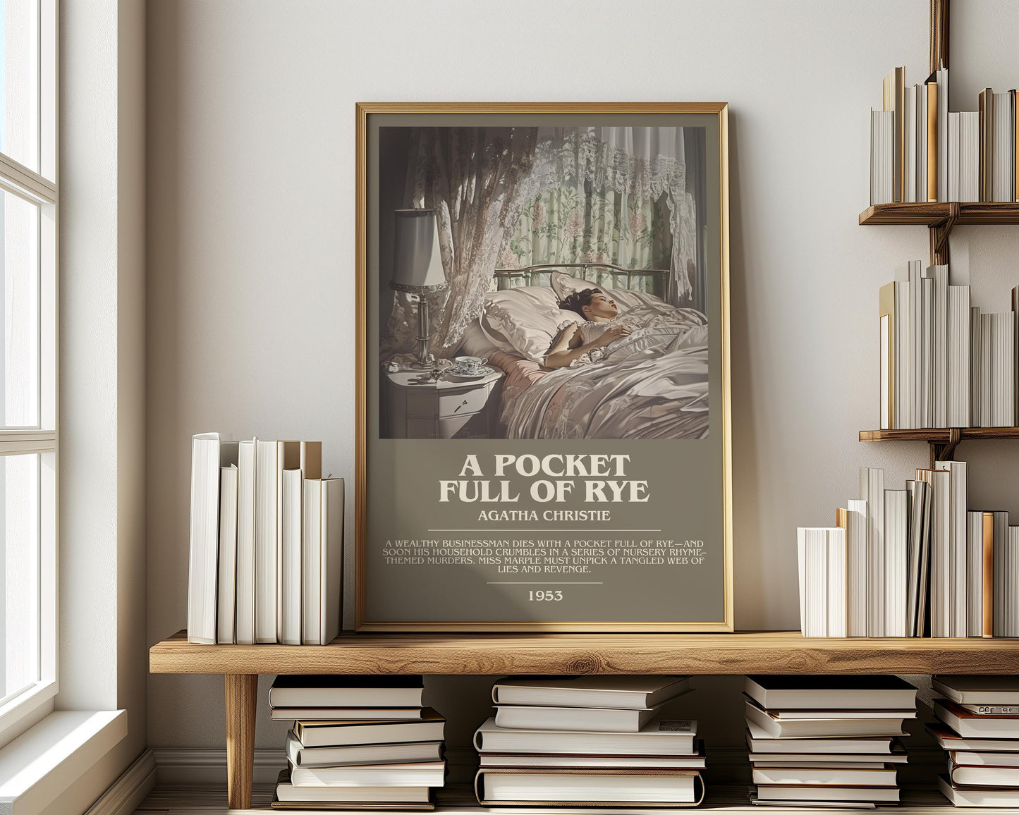 A Pocket Full of Rye bookish print on bookshelf – Agatha Christie fan gift