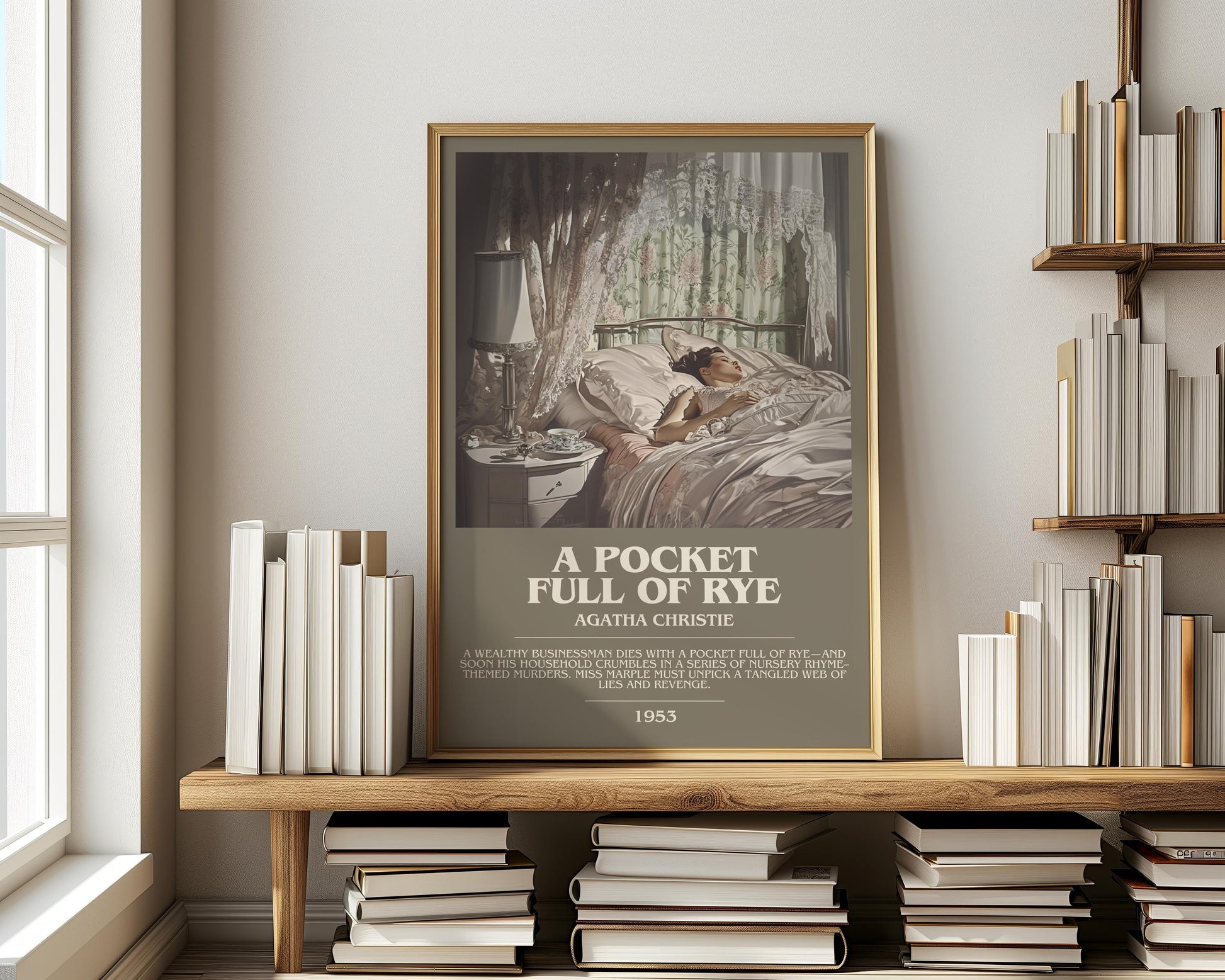 A Pocket Full of Rye bookish print on bookshelf – Agatha Christie fan gift