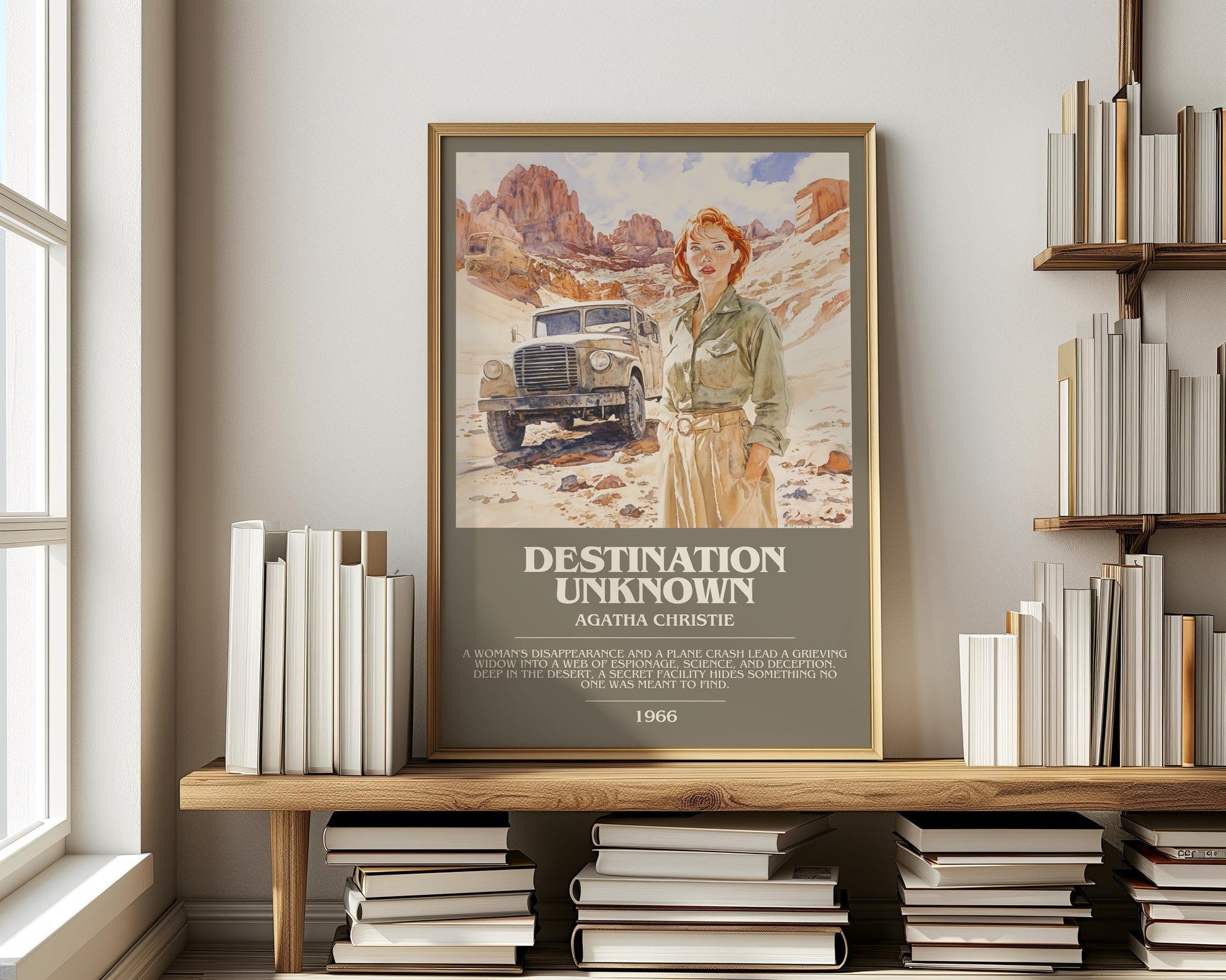 Destination Unknown bookish print on bookshelf – Agatha Christie fan gift