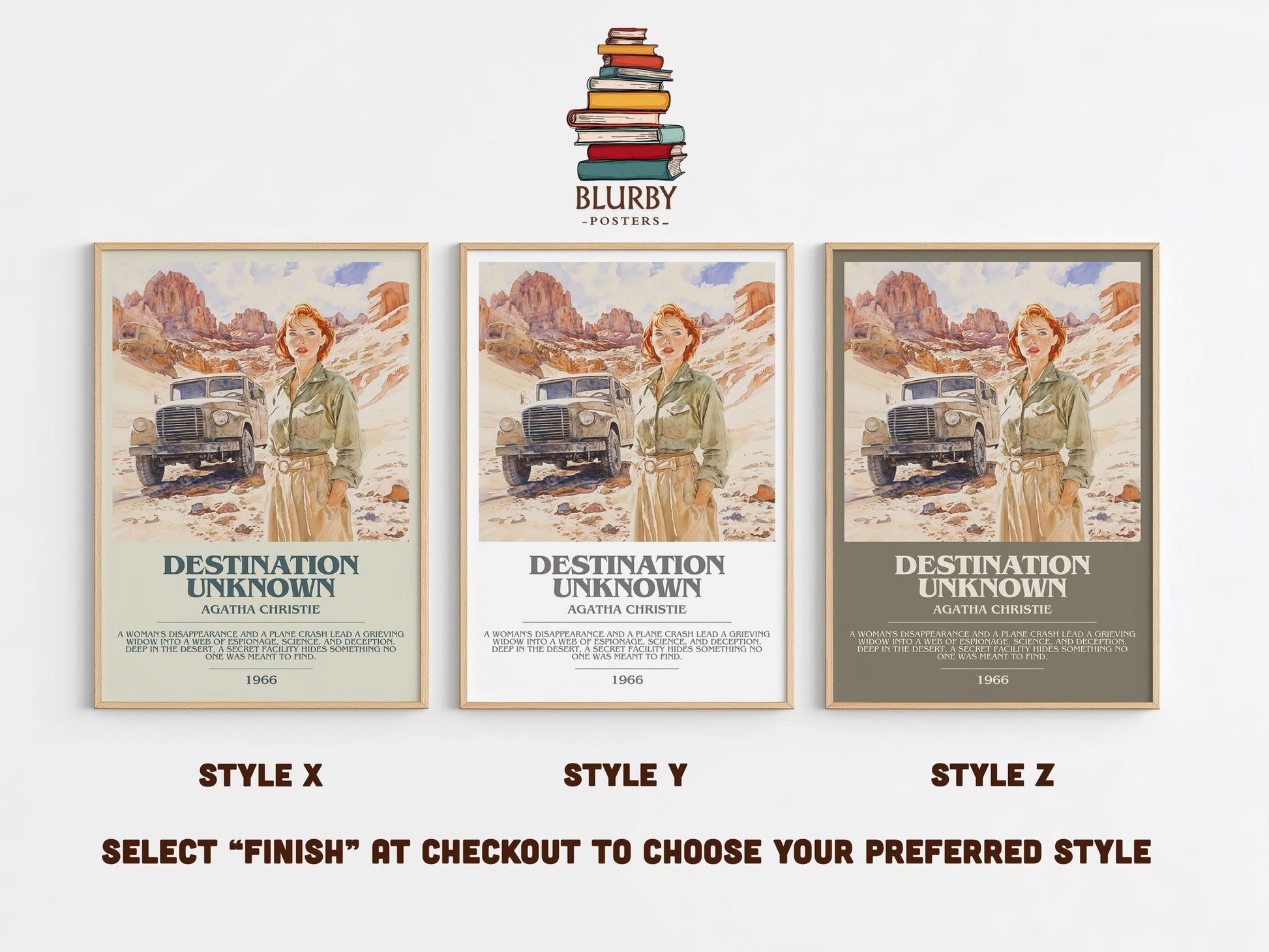 Destination Unknown bookish poster colour and style options – Agatha Christie book art