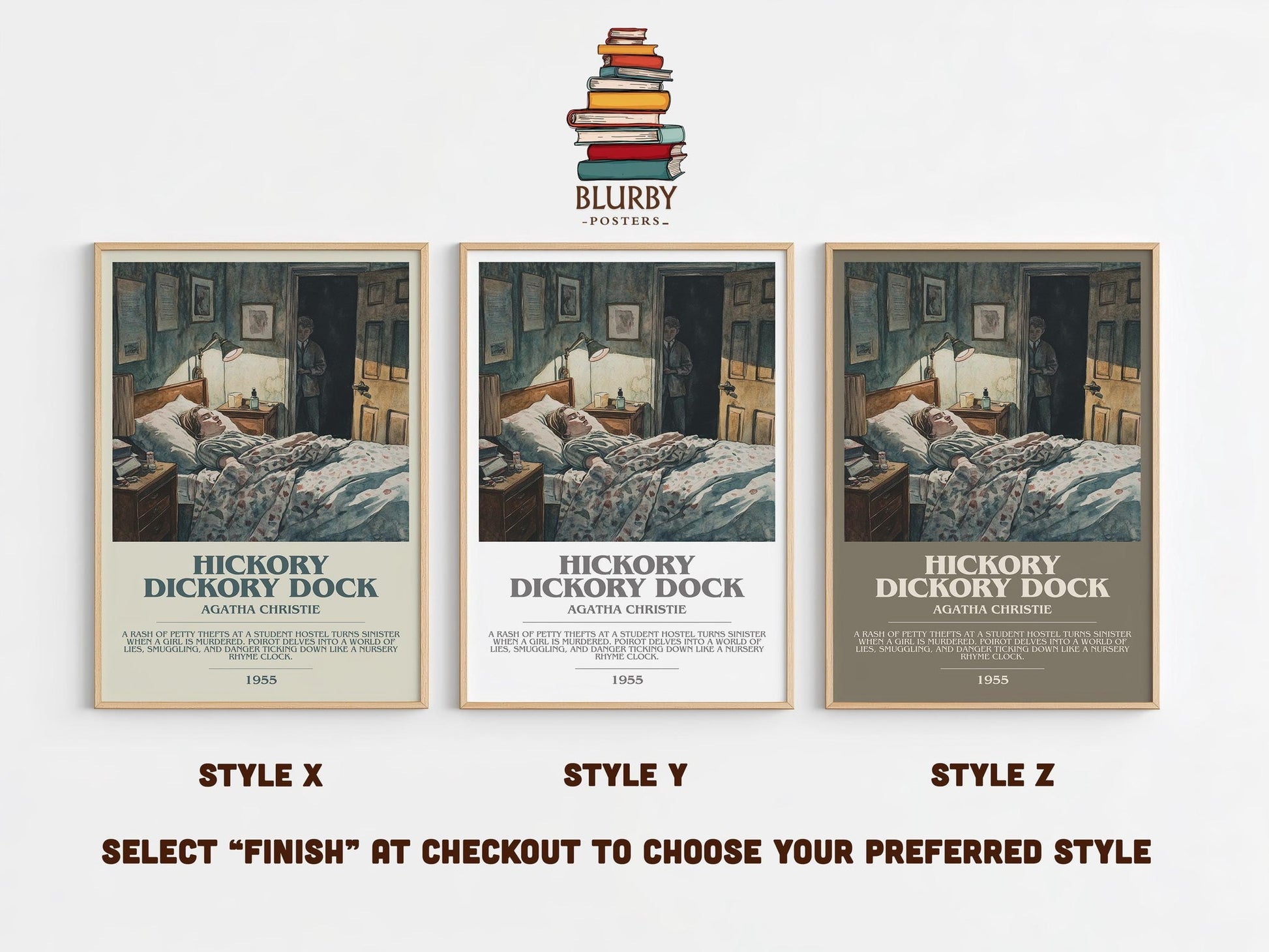 Hickory Dickory Dock bookish poster colour and style options – Agatha Christie book art