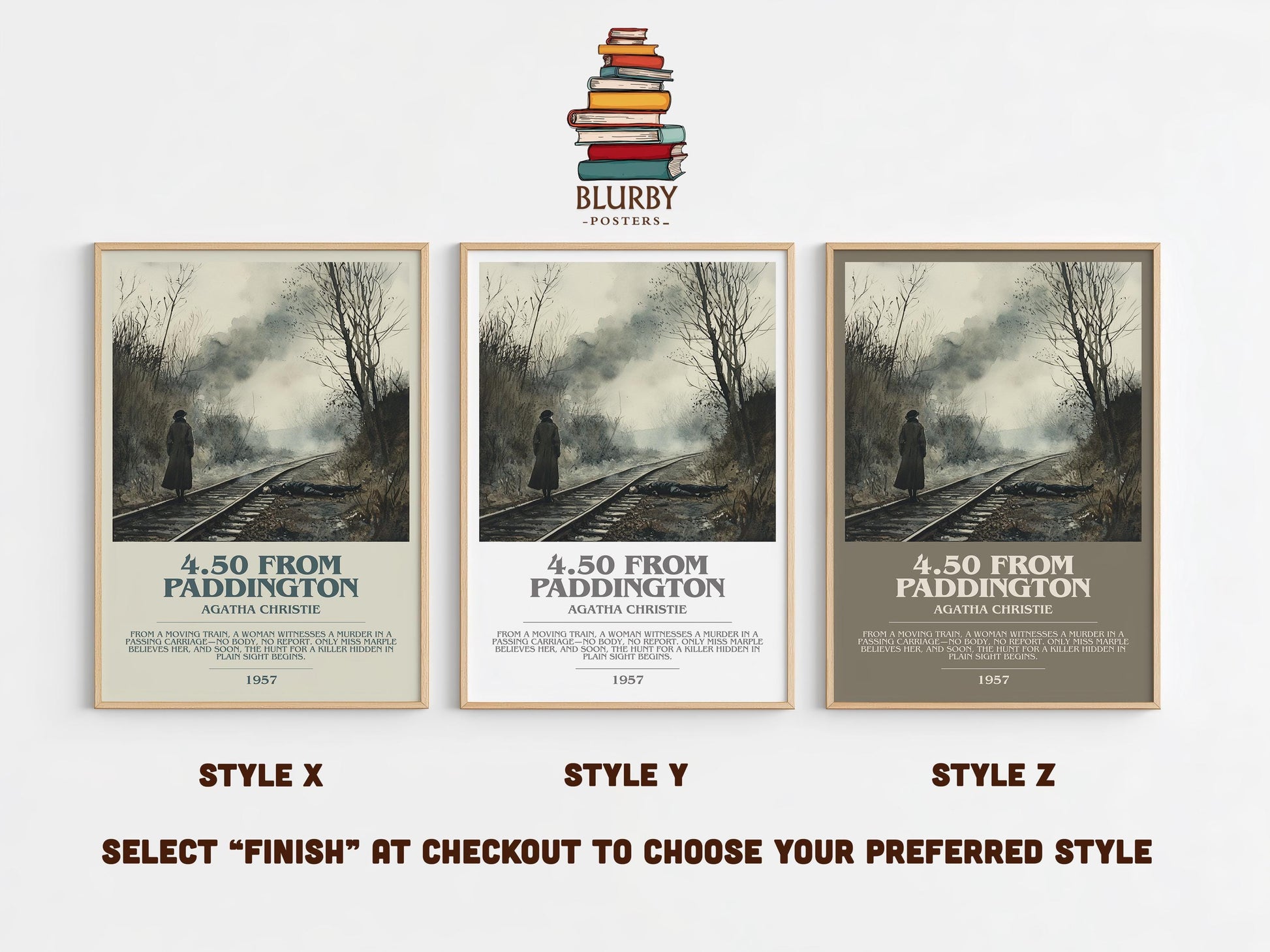 4.50 from Paddington bookish poster colour and style options – Agatha Christie book art