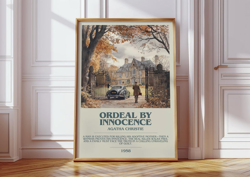 Ordeal by Innocence bookish print in frame leaning in hallway – mystery wall art