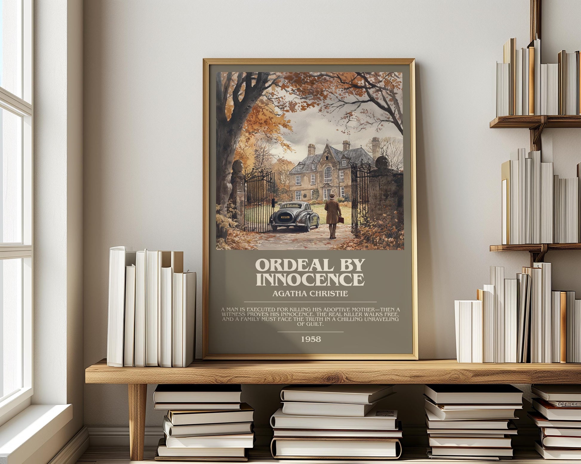 Ordeal by Innocence bookish print on bookshelf – Agatha Christie fan gift