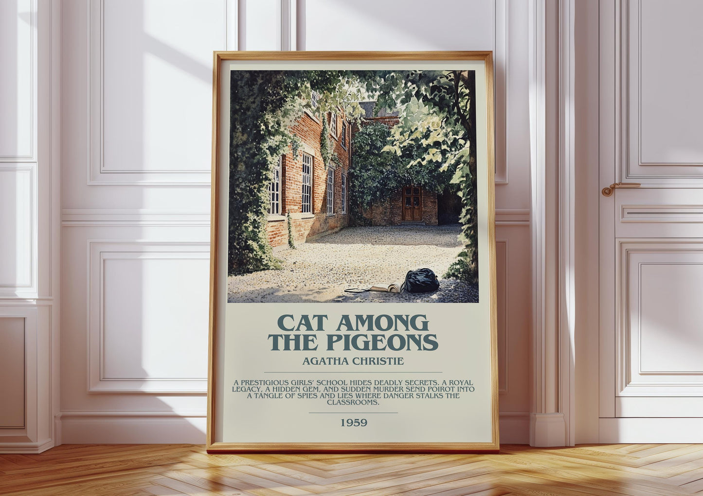 Cat Among the Pigeons bookish print in frame leaning in hallway – mystery wall art