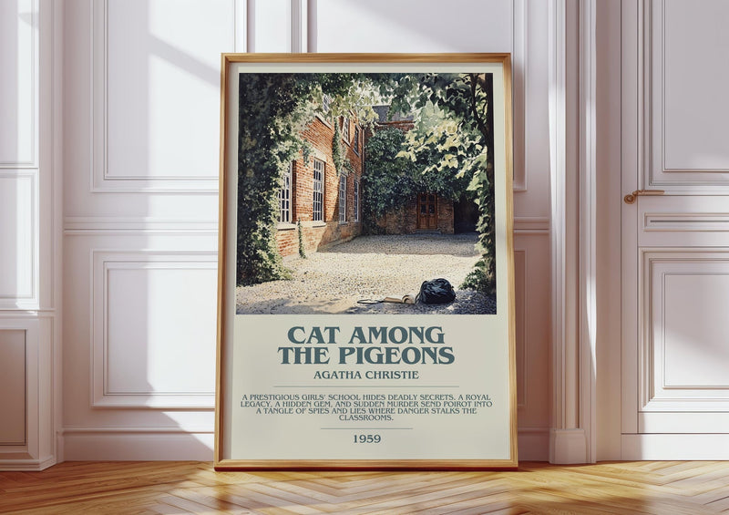 Cat Among the Pigeons bookish print in frame leaning in hallway – mystery wall art