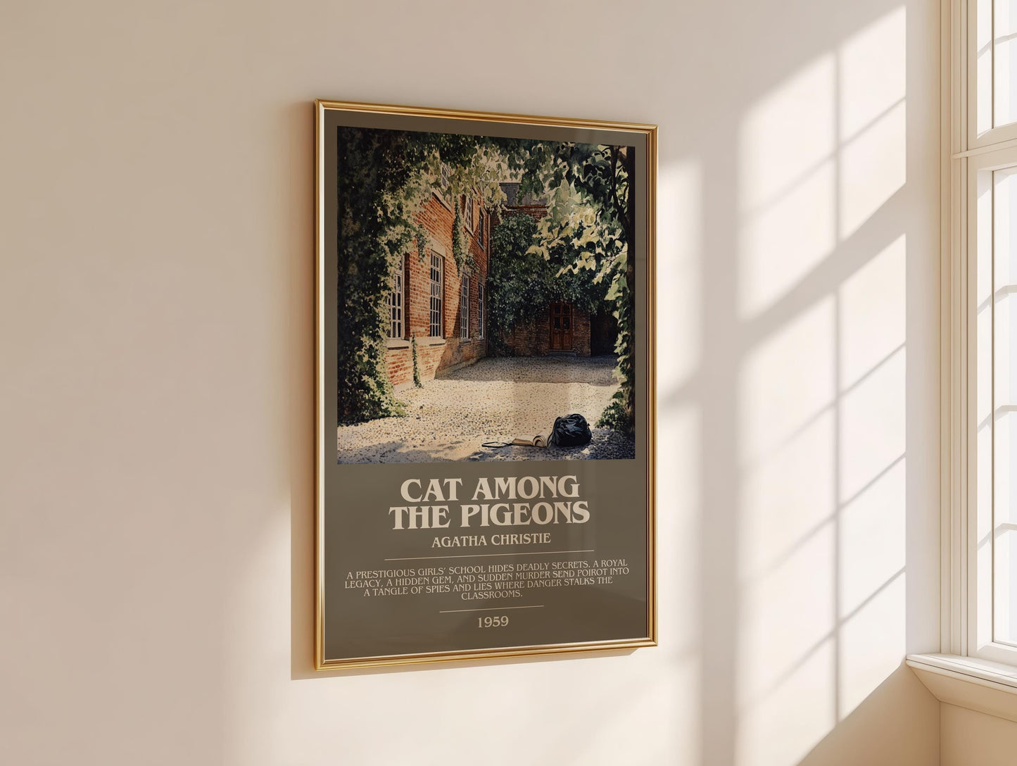 Cat Among the Pigeons bookish book poster framed on wall – mystery wall art
