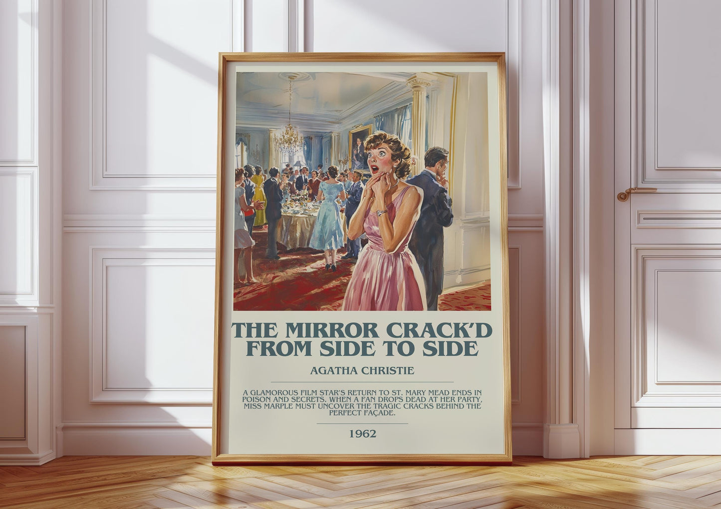 The Mirror Crack'd from Side to Side bookish print in frame leaning in hallway – mystery wall art
