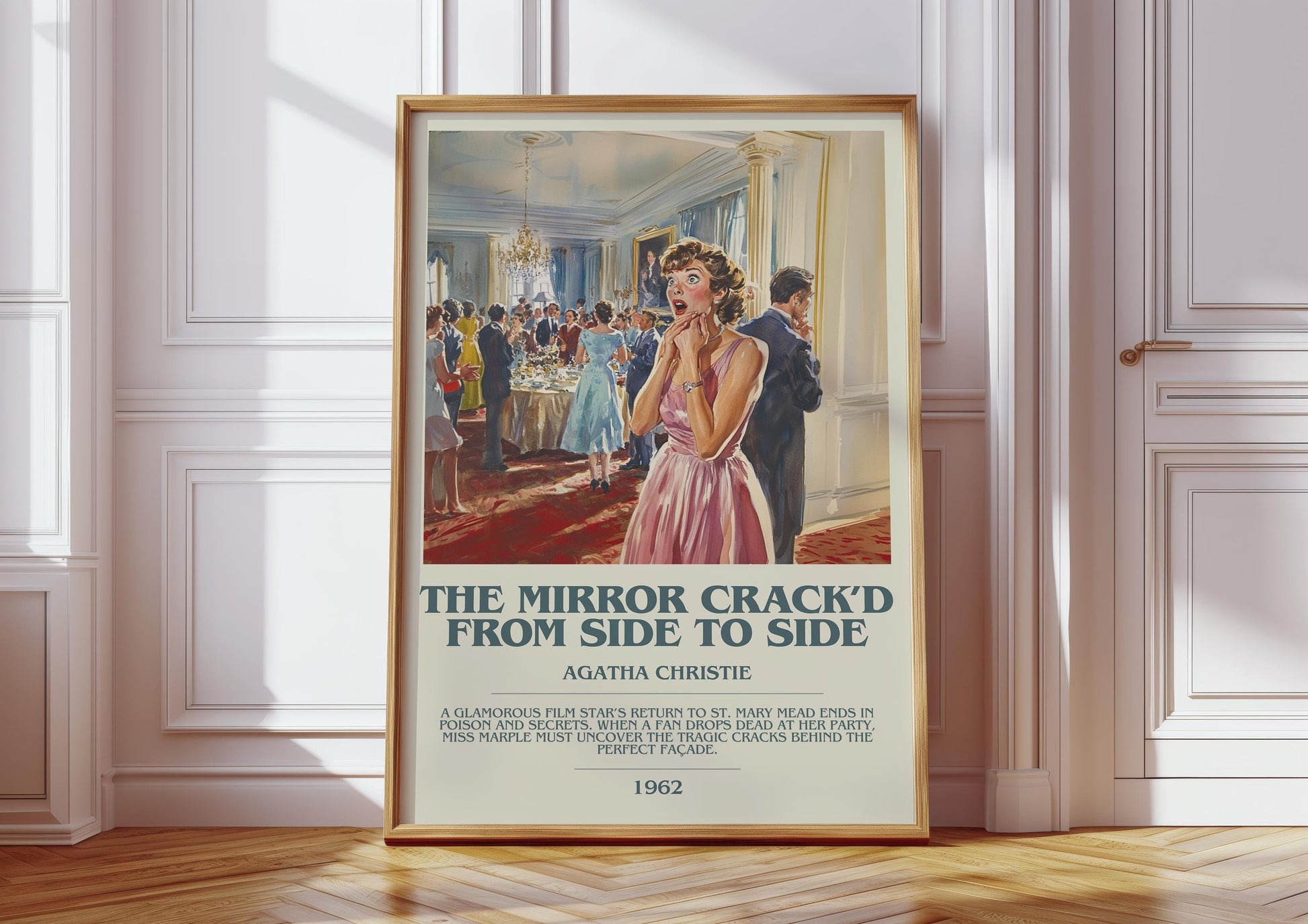 The Mirror Crack'd from Side to Side bookish print in frame leaning in hallway – mystery wall art