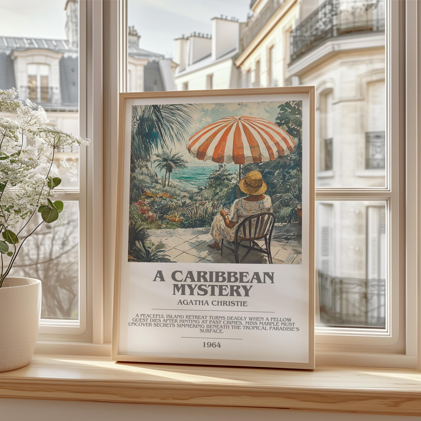 A Caribbean Mystery bookish print framed by window – literary home decor