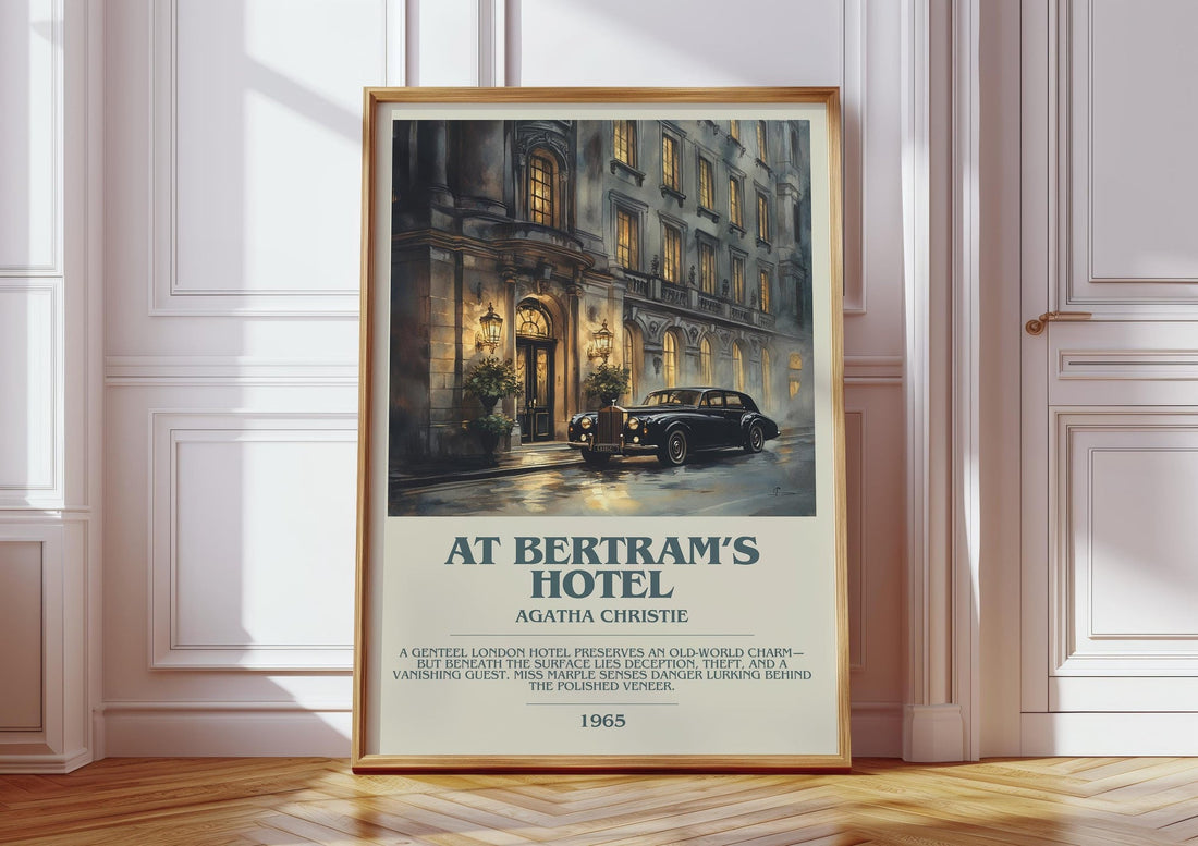 At Bertram's Hotel bookish print in frame leaning in hallway – mystery wall art (mockup)