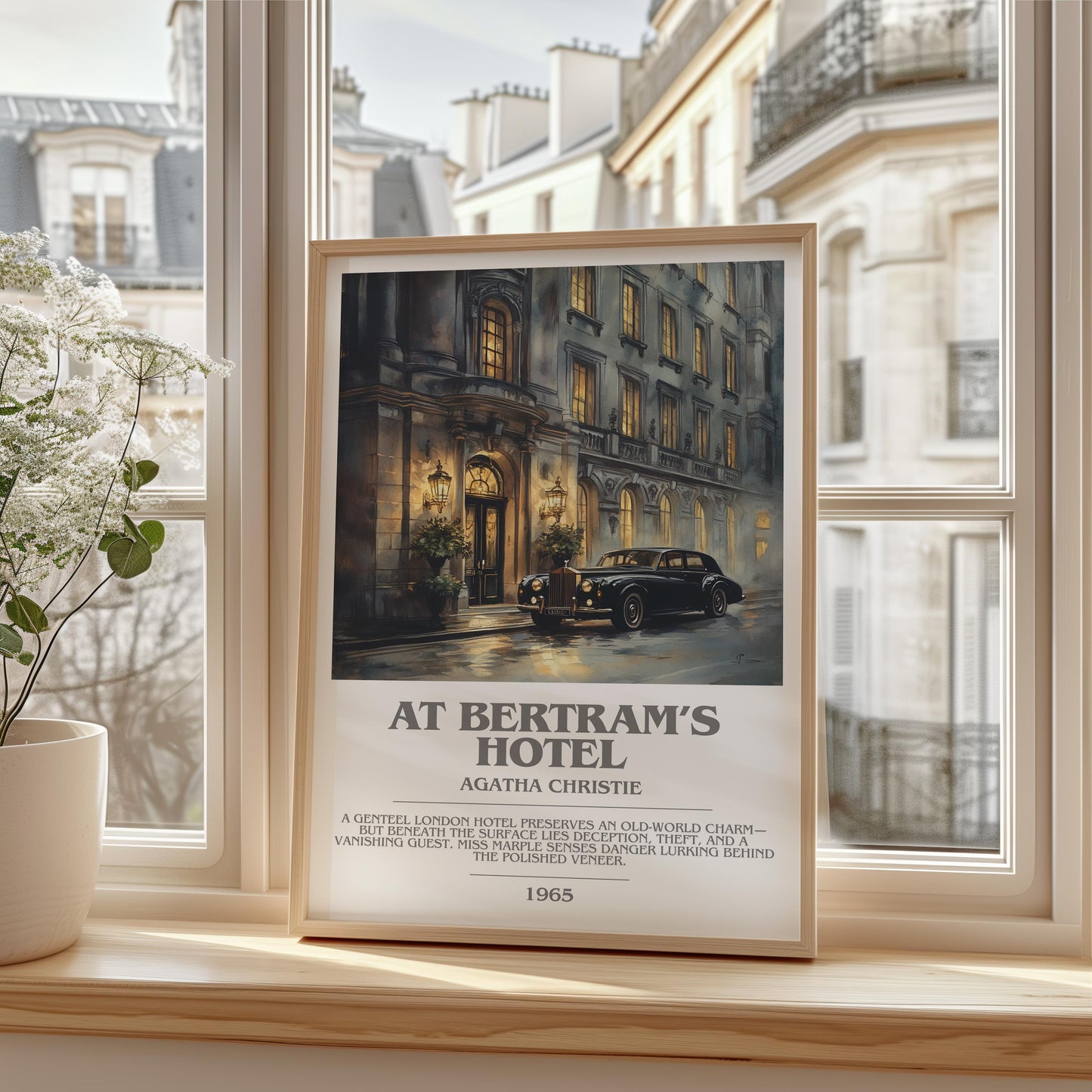 At Bertram's Hotel bookish print framed by window – literary home decor