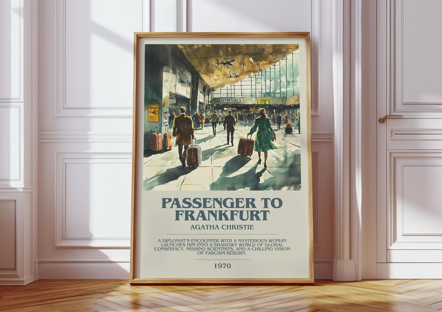 Passenger to Frankfurt bookish print in frame leaning in hallway – thriller wall art