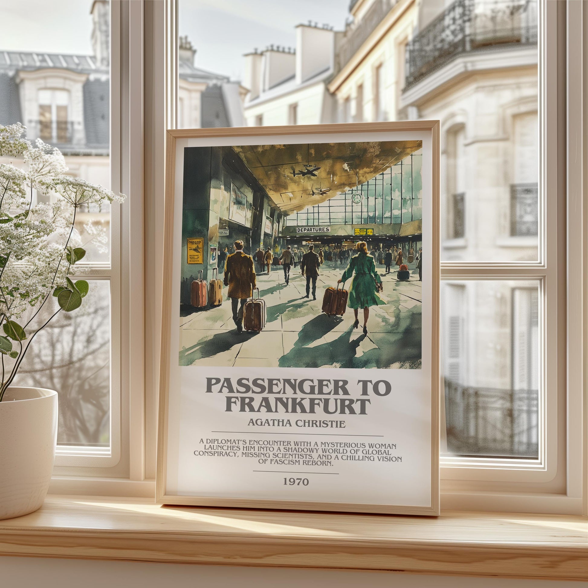 Passenger to Frankfurt bookish print framed by window – literary home decor
