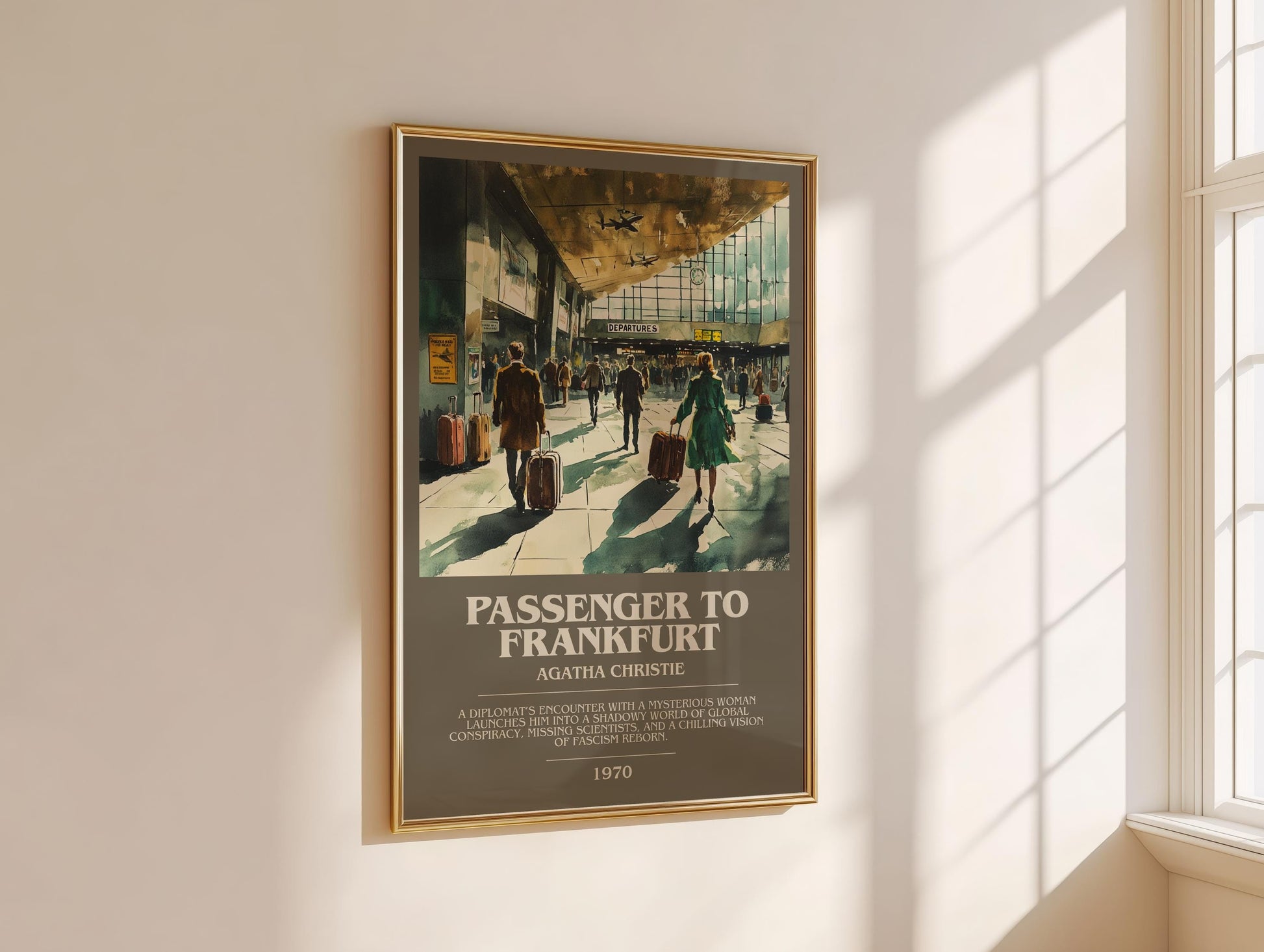 Passenger to Frankfurt bookish book poster framed on wall – thriller wall art