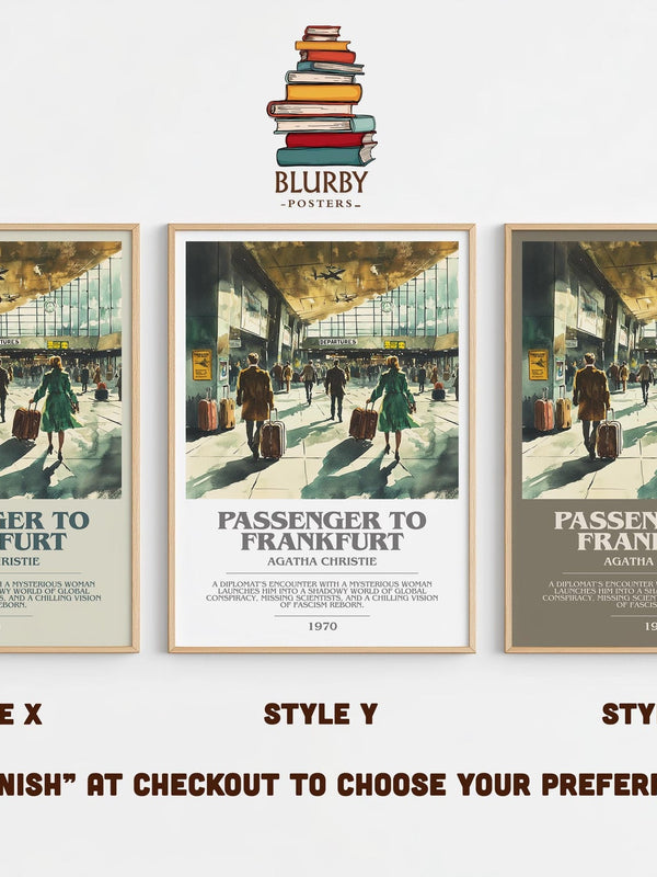 Passenger to Frankfurt bookish poster colour and style options – Agatha Christie book art