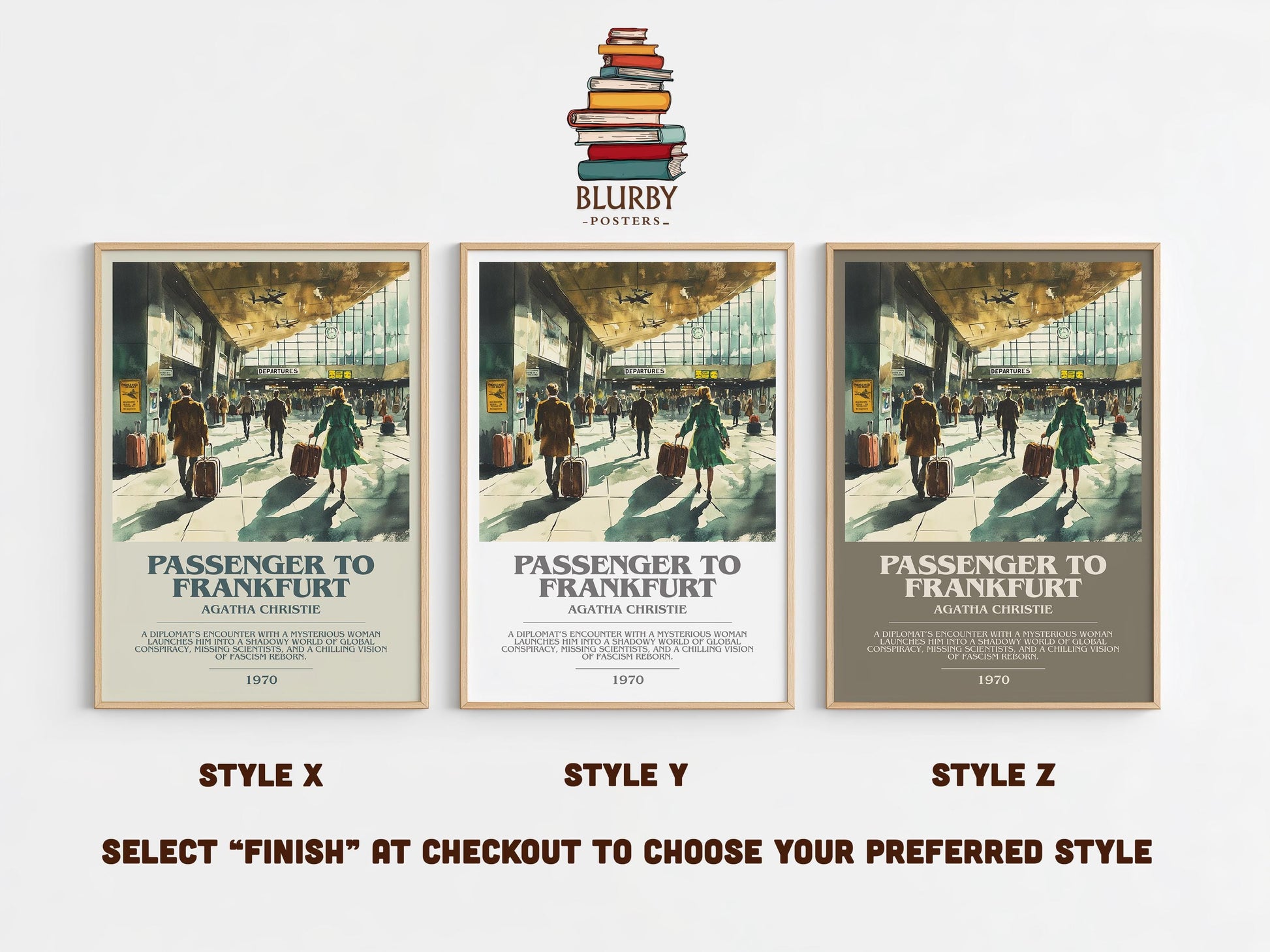 Passenger to Frankfurt bookish poster colour and style options – Agatha Christie book art