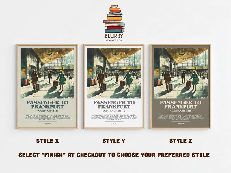 Passenger to Frankfurt bookish poster colour and style options – Agatha Christie book art
