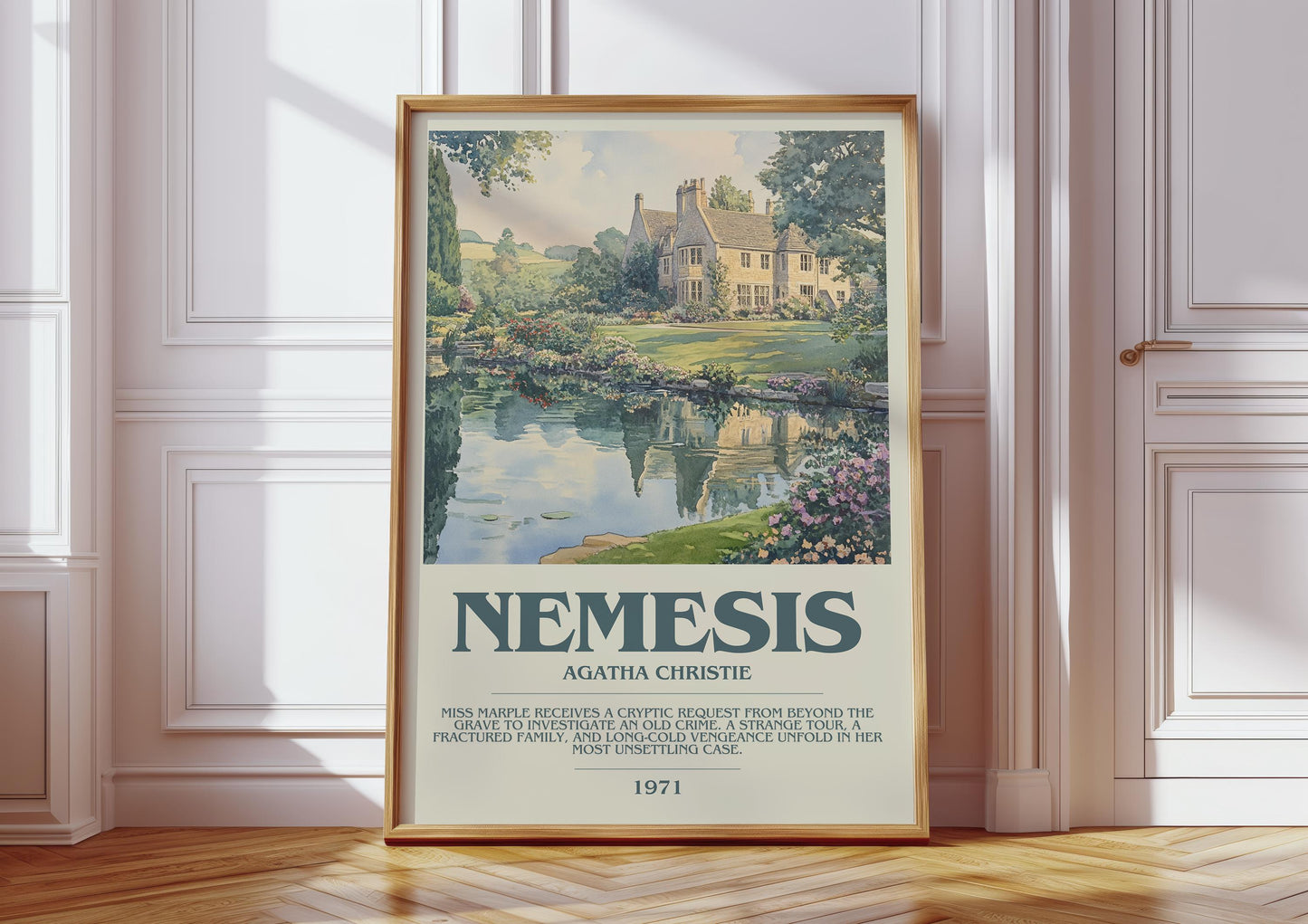 Nemesis bookish print in frame leaning in hallway – mystery wall art