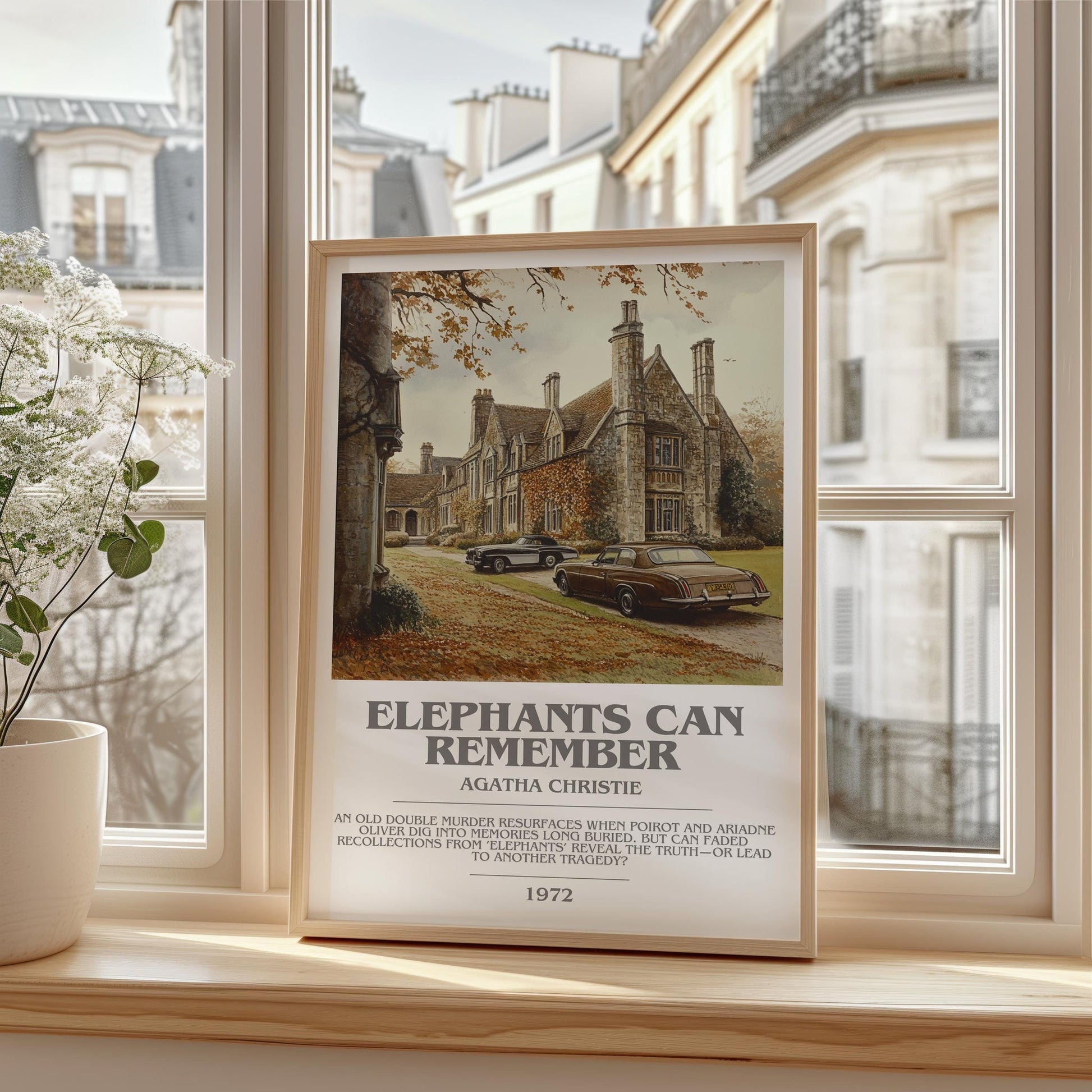 Elephants Can Remember bookish print framed by window – literary home decor