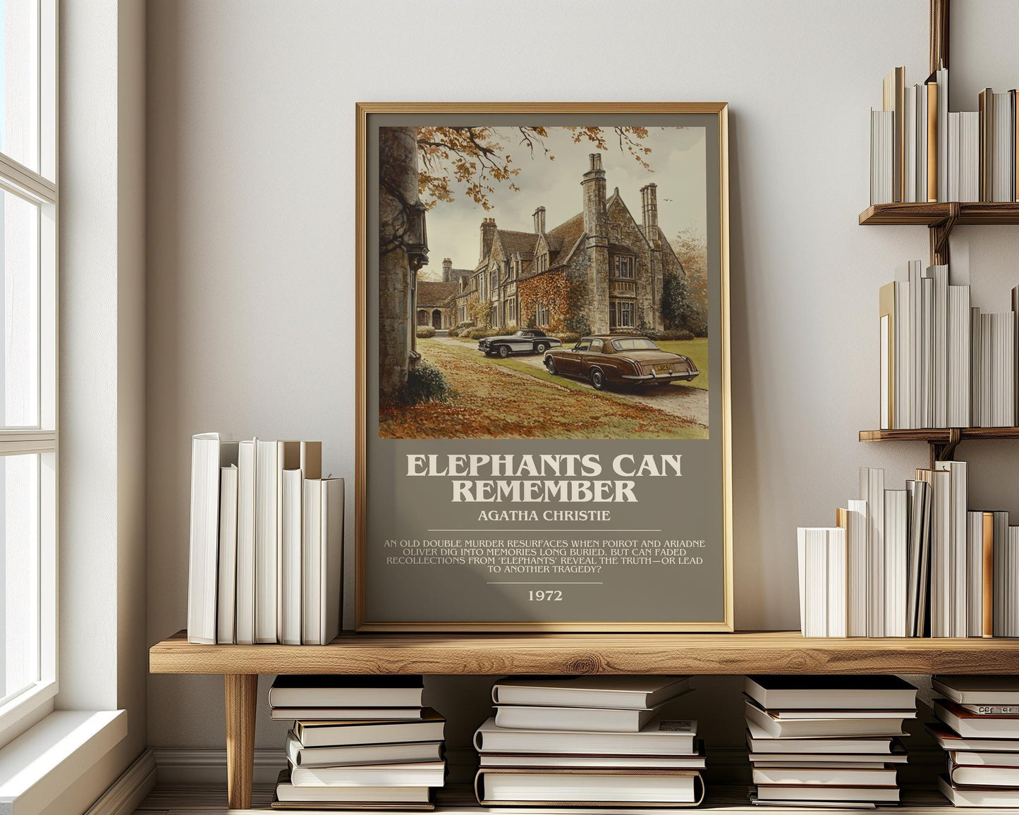 Elephants Can Remember bookish print on bookshelf – AGATHA CHRISTIE fan gift