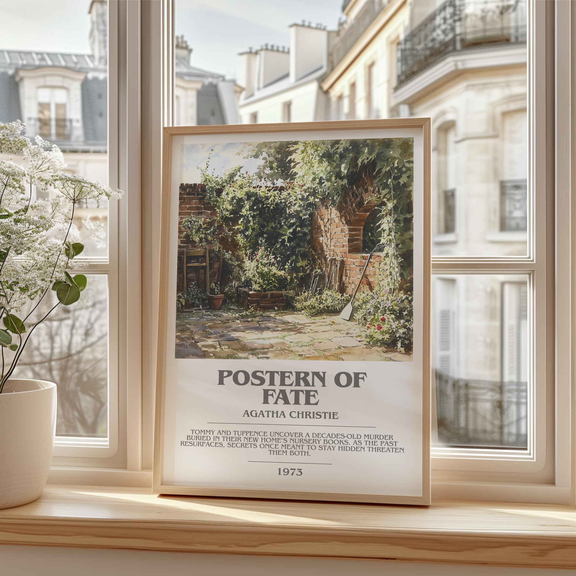 Postern of Fate bookish print framed by window – literary home decor