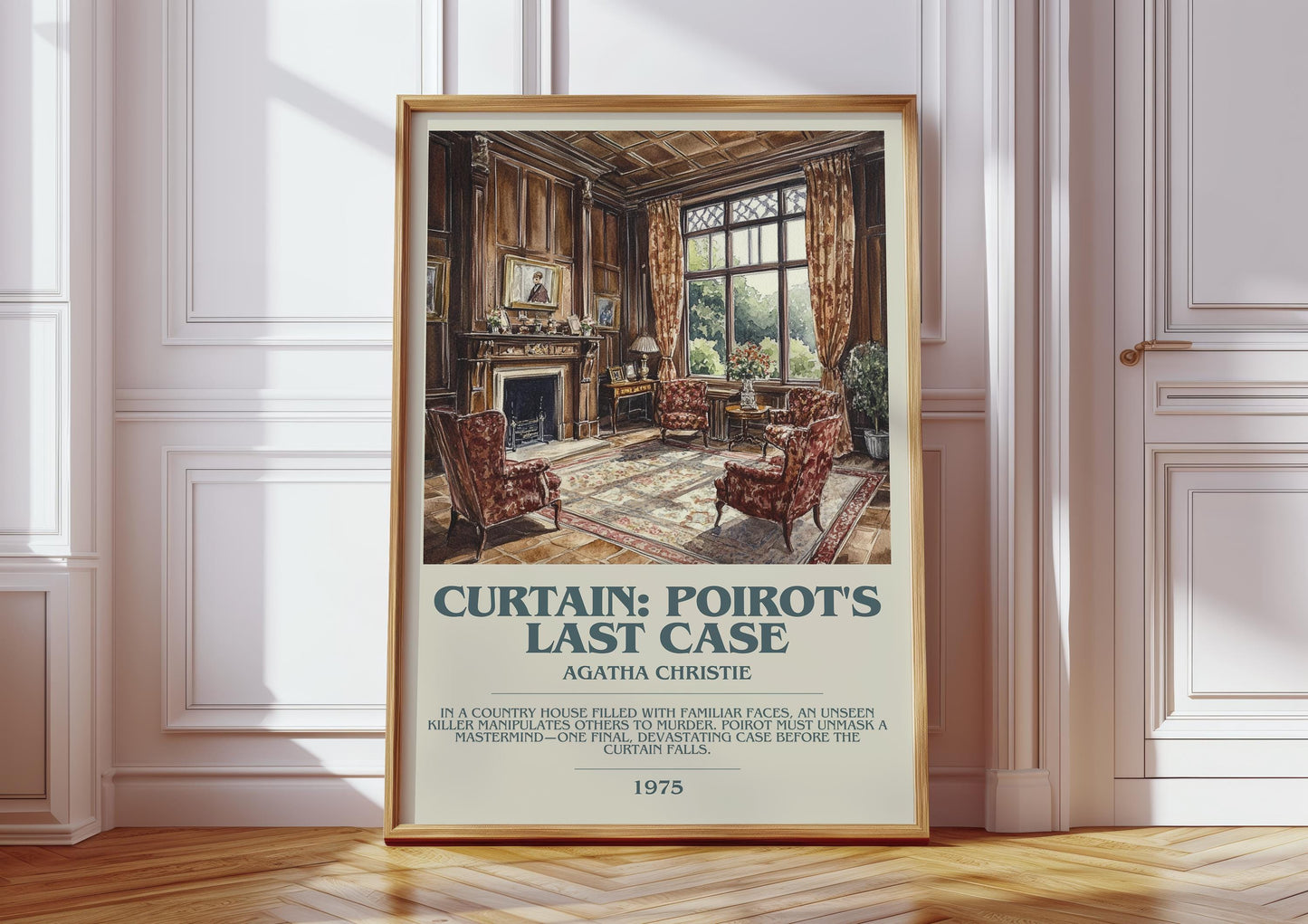 Curtain: Poirot's Last Case bookish print in frame leaning in hallway – mystery wall art
