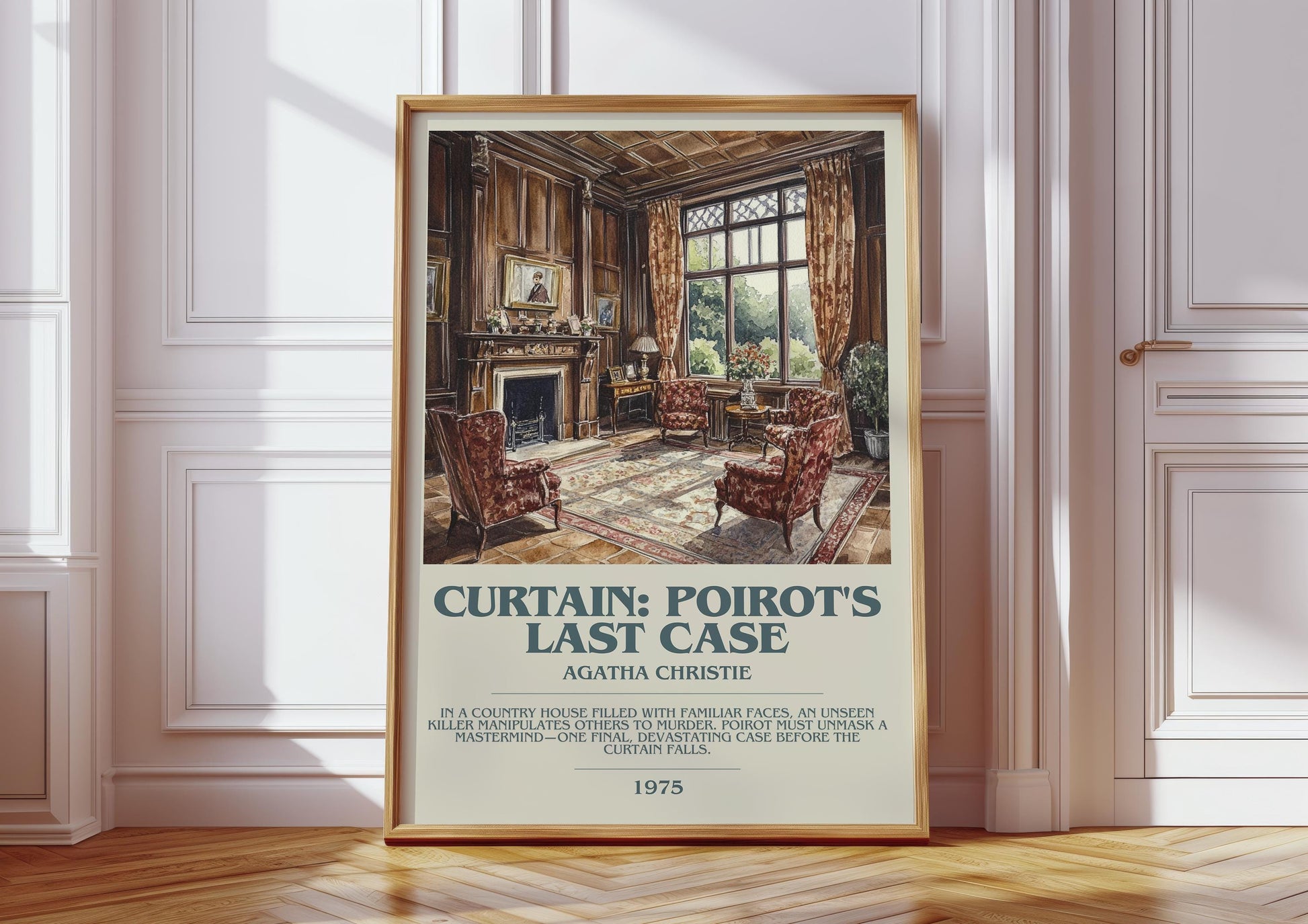 Curtain: Poirot's Last Case bookish print in frame leaning in hallway – mystery wall art