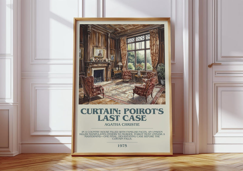 Curtain: Poirot's Last Case bookish print in frame leaning in hallway – mystery wall art