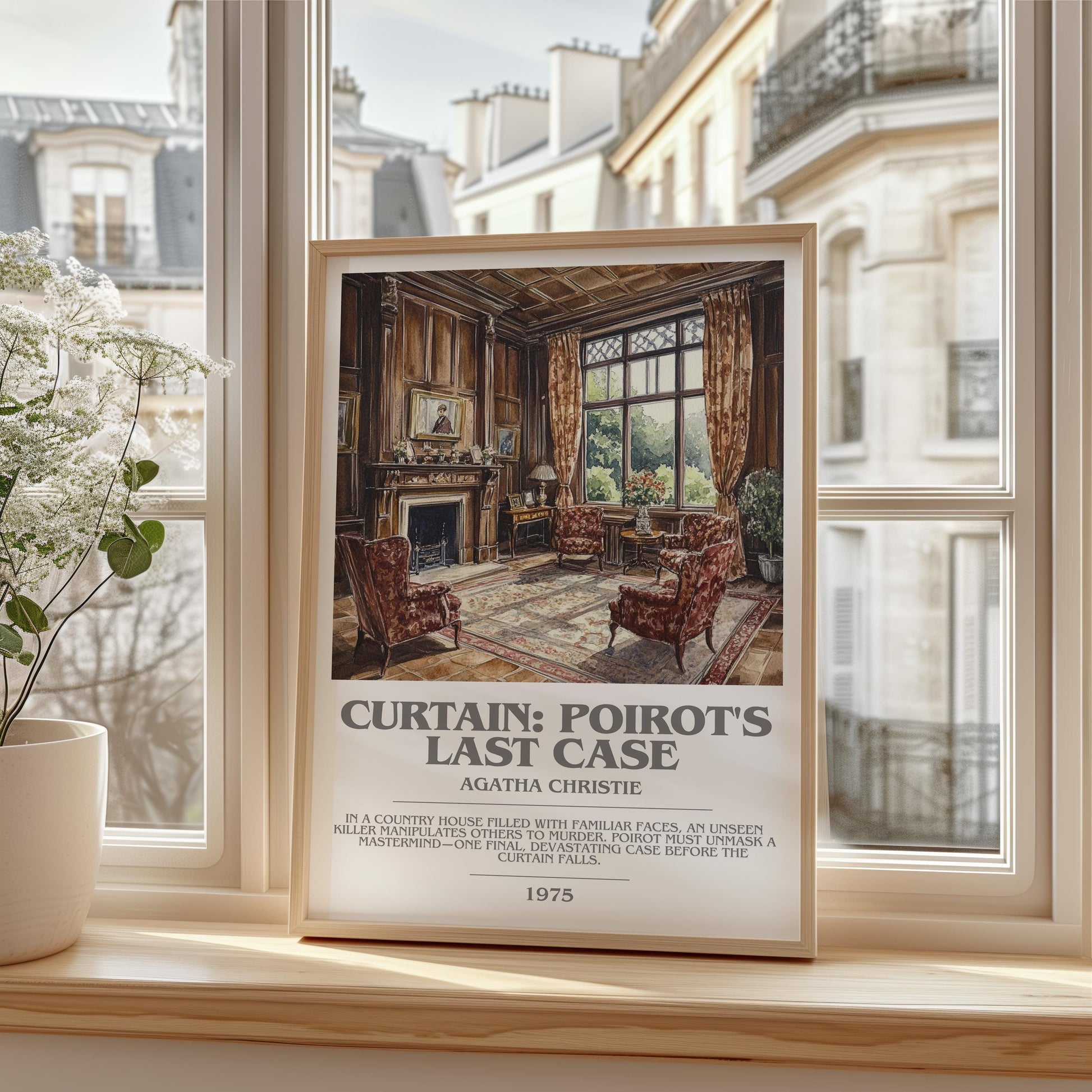 Curtain: Poirot's Last Case bookish print framed by window – literary home decor