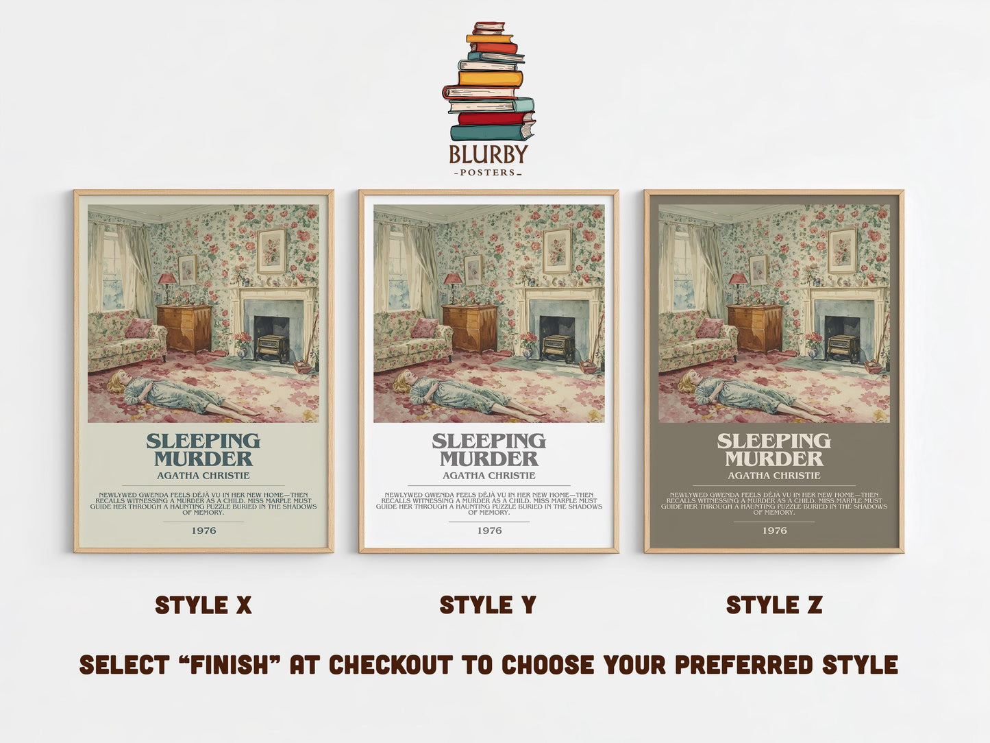 Sleeping Murder bookish poster colour and style options – Agatha Christie book art