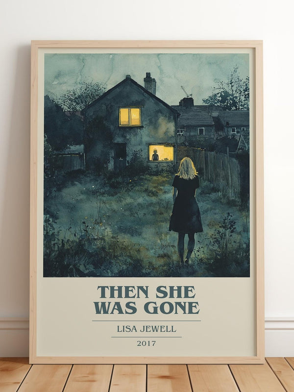Then She Was Gone book cover print in frame leaning in hallway – thriller wall art