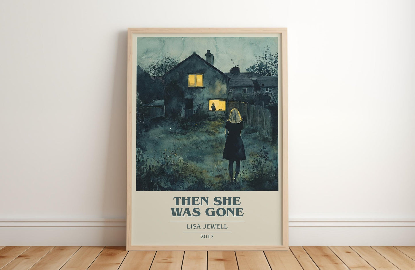 Then She Was Gone book cover print in frame leaning in hallway – thriller wall art