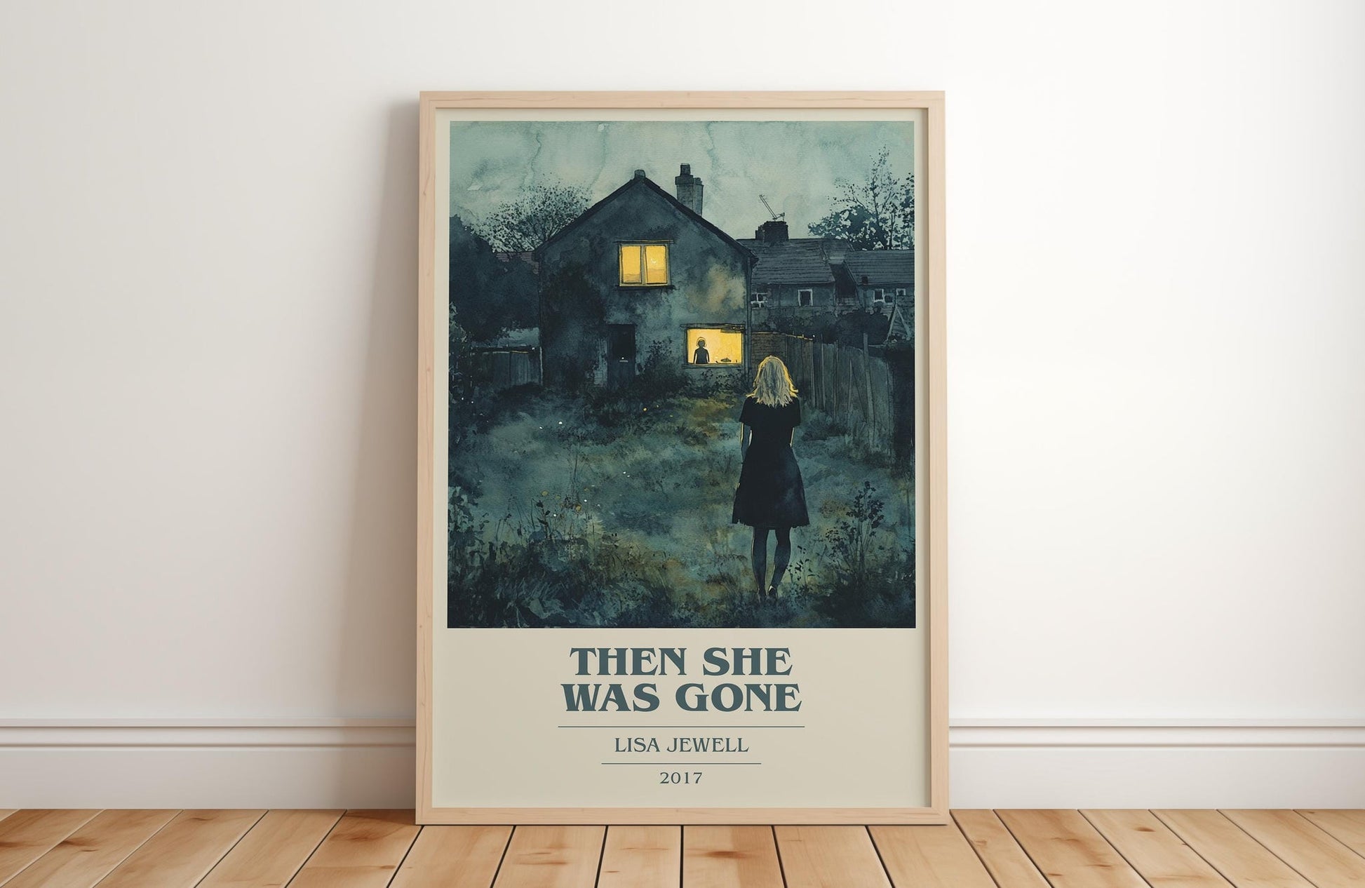 Then She Was Gone book cover print in frame leaning in hallway – thriller wall art