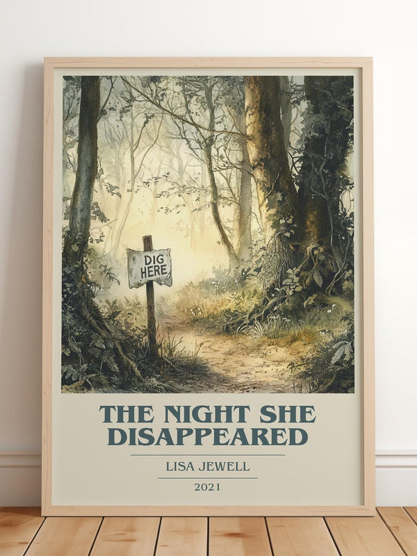 The Night She Disappeared book cover print in frame leaning in hallway – thriller wall art