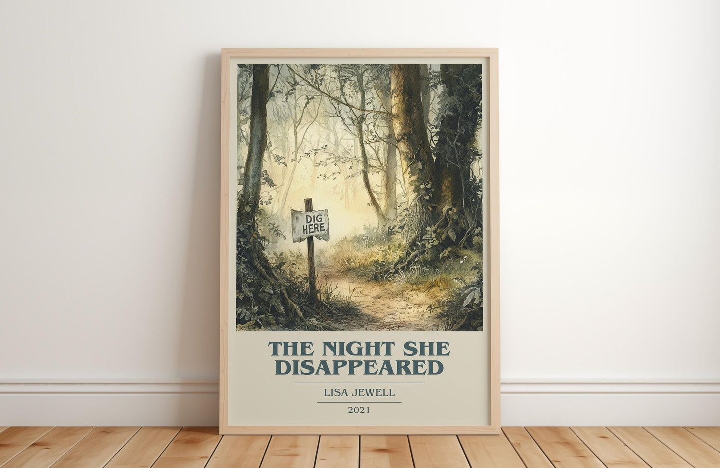 The Night She Disappeared book cover print in frame leaning in hallway – thriller wall art